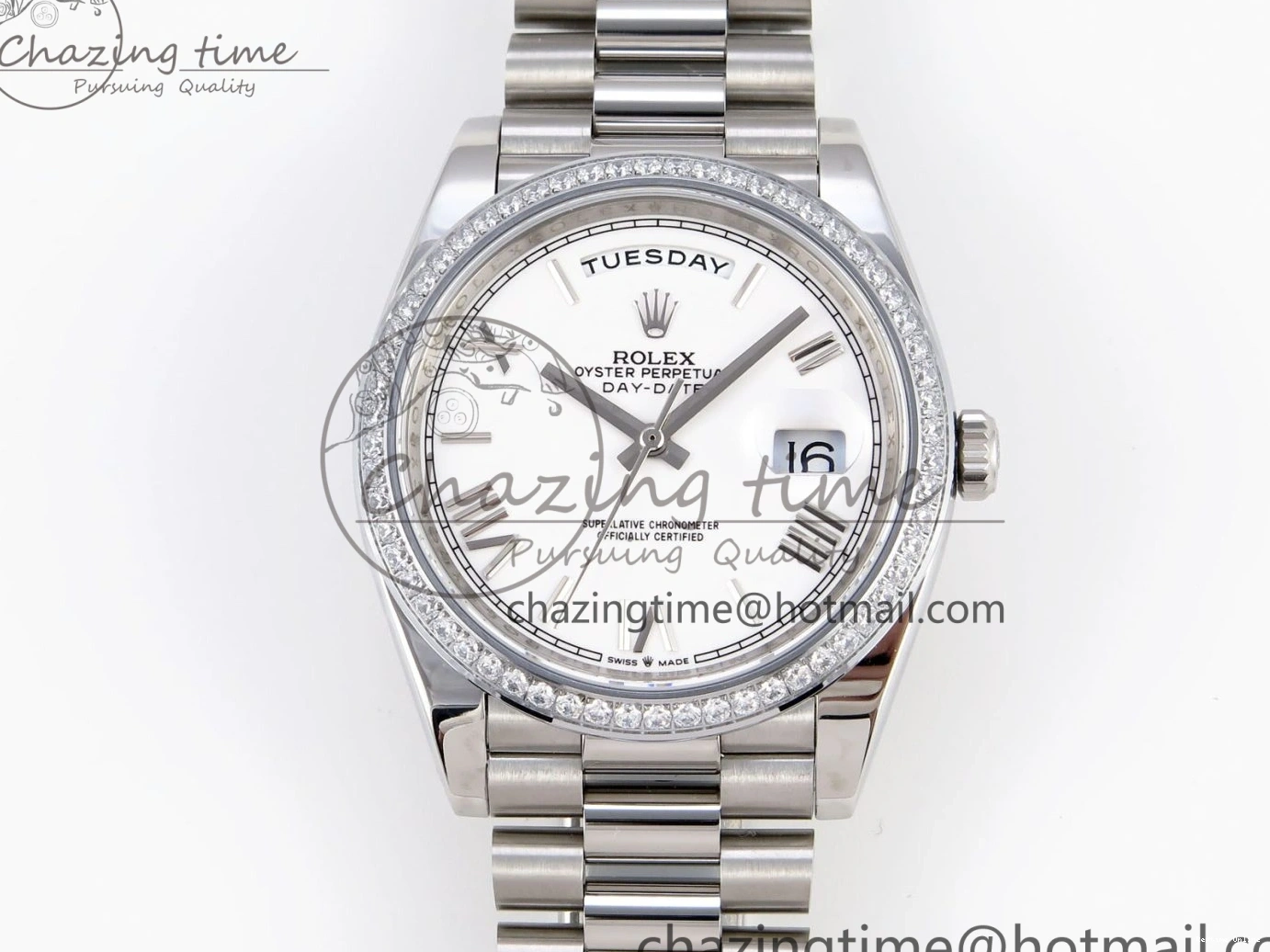 1224 DayDate 40 SS GSF Gain Weight White Roman Dial Diamonds Bezel on President Bracelet A Sustainable 1920